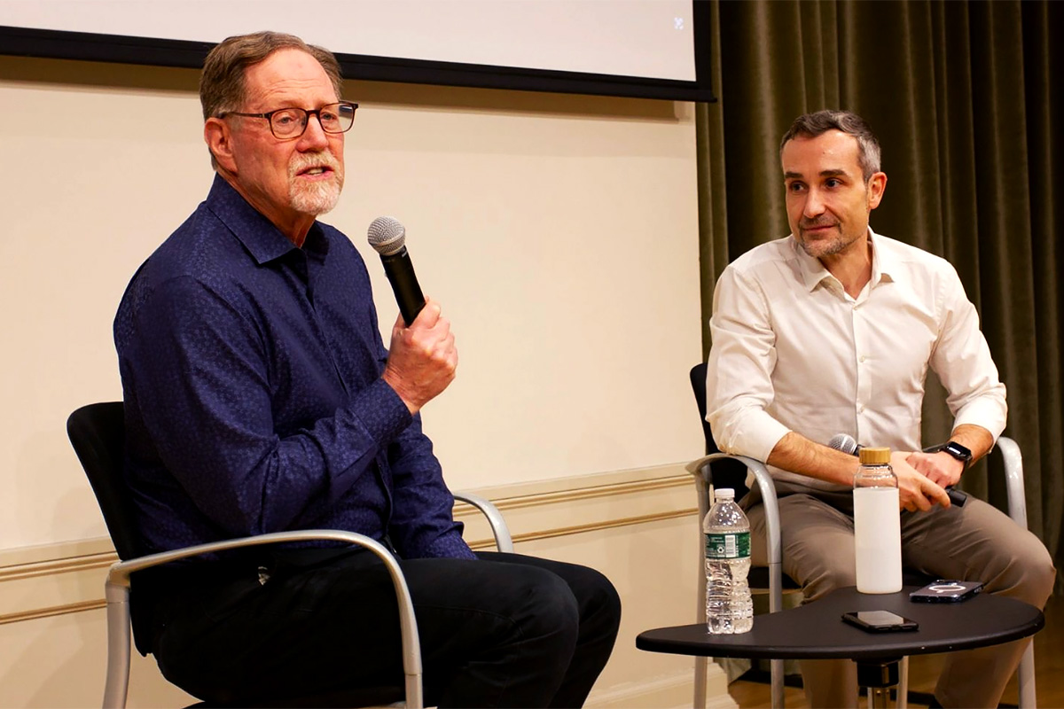 Documentary filmmaker Rick Goldsmith in conversation with City Newsroom Professor Juan Manuel Benítez after the screening of “Stripped for Parts: American Journalism on the Brink” (Photo: Edward Lopez)